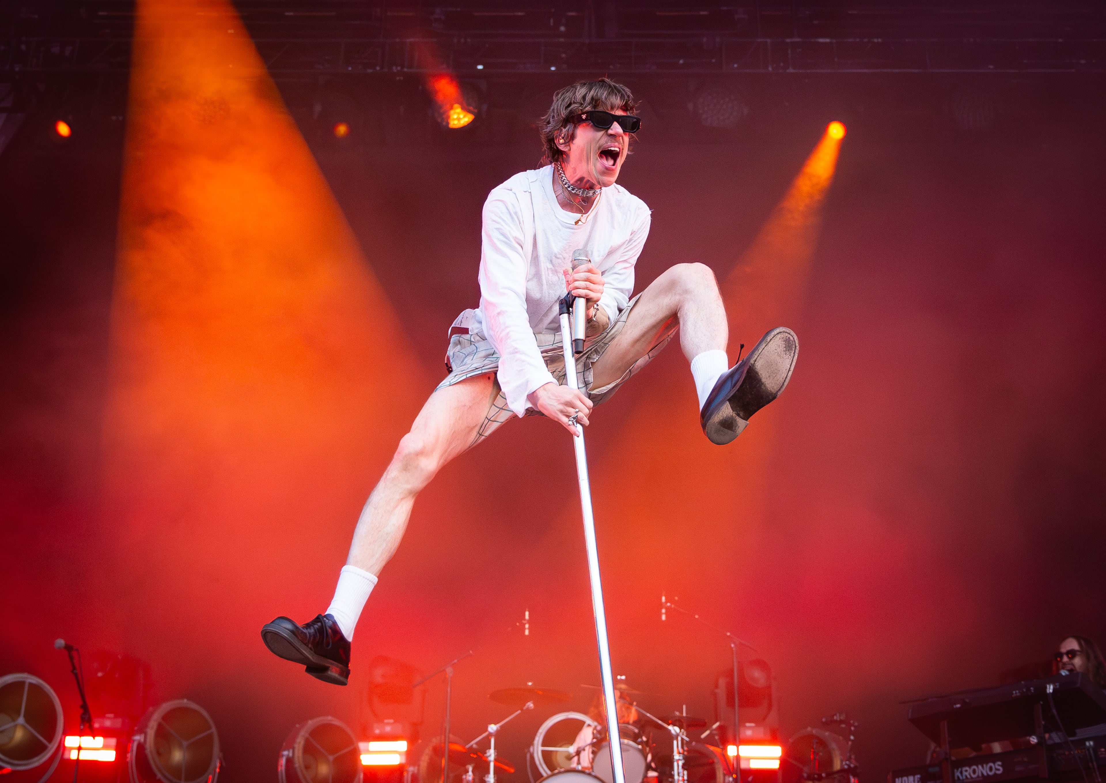 Cage the Elephant brought their action-packed show to the Peachtree stage, full of pyro, leaps, and guitarist Brad Schulz joining the crowd whilst playing. Photo taken Saturday, September 20, 2025, at Piedmont Park. AAJC 092025 Shaky Knees Day 2 (RYAN FLEISHER FOR THE ATLANTA JOURNAL-CONSTITUTION)