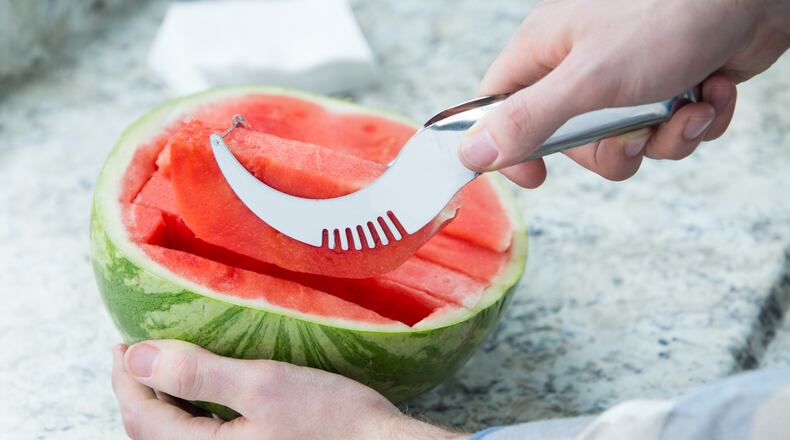 Angurello Watermelon & Slicer lets you cut, lift and serve uniform watermelon slices directly from the melon.