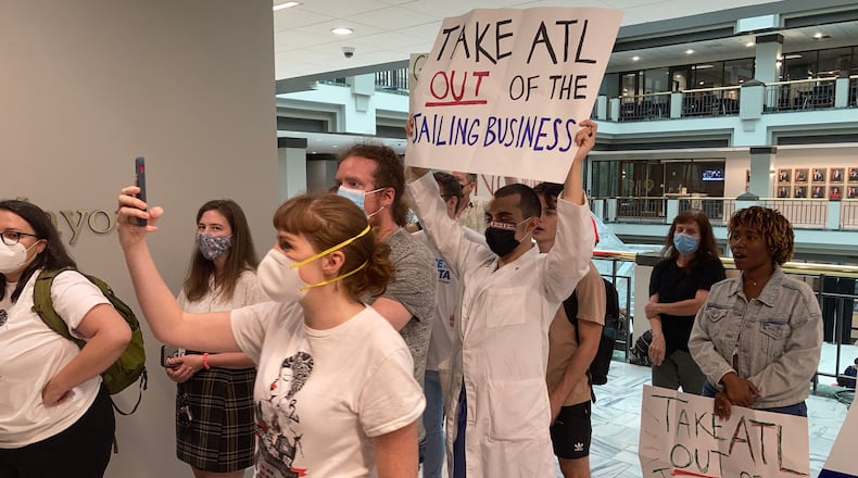 A group of protestors gathers outside the Atlanta mayor's office pushing for the closure of the Atlanta city jail on Monday, Aug. 1, 2022. (Photo by J.D. Capelouto)