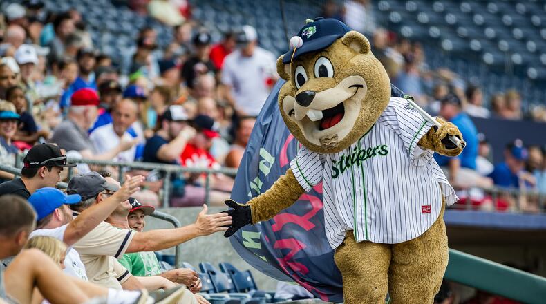 Chopper the Groundhog interacts with fans at a Gwinnett Stripers game.