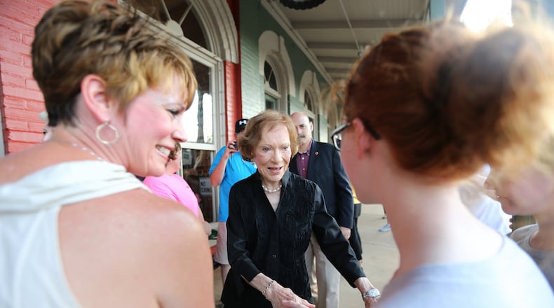 (file photo) Rosalynn Carter shakes hands as she arrives at her birthday party on August 22, 2015 in Plains, Georgia. Ben Gray / bgray@ajc.com