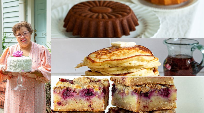 With her new cookbook, "Cheryl Day’s Treasury of Southern Baking," Day (at left) shares more than 200 recipes as well as a poignant account of self-discovery and empowerment. The recipes include Cold-Oven Pound Cake (top right), Sunday Pancakes (middle right) and Fruit Pie Bars (lower right). Excerpted from "Cheryl Day’s Treasury of Southern Baking" by Cheryl Day (Artisan Books). Copyright © 2021. Photographs by Angie Mosier.