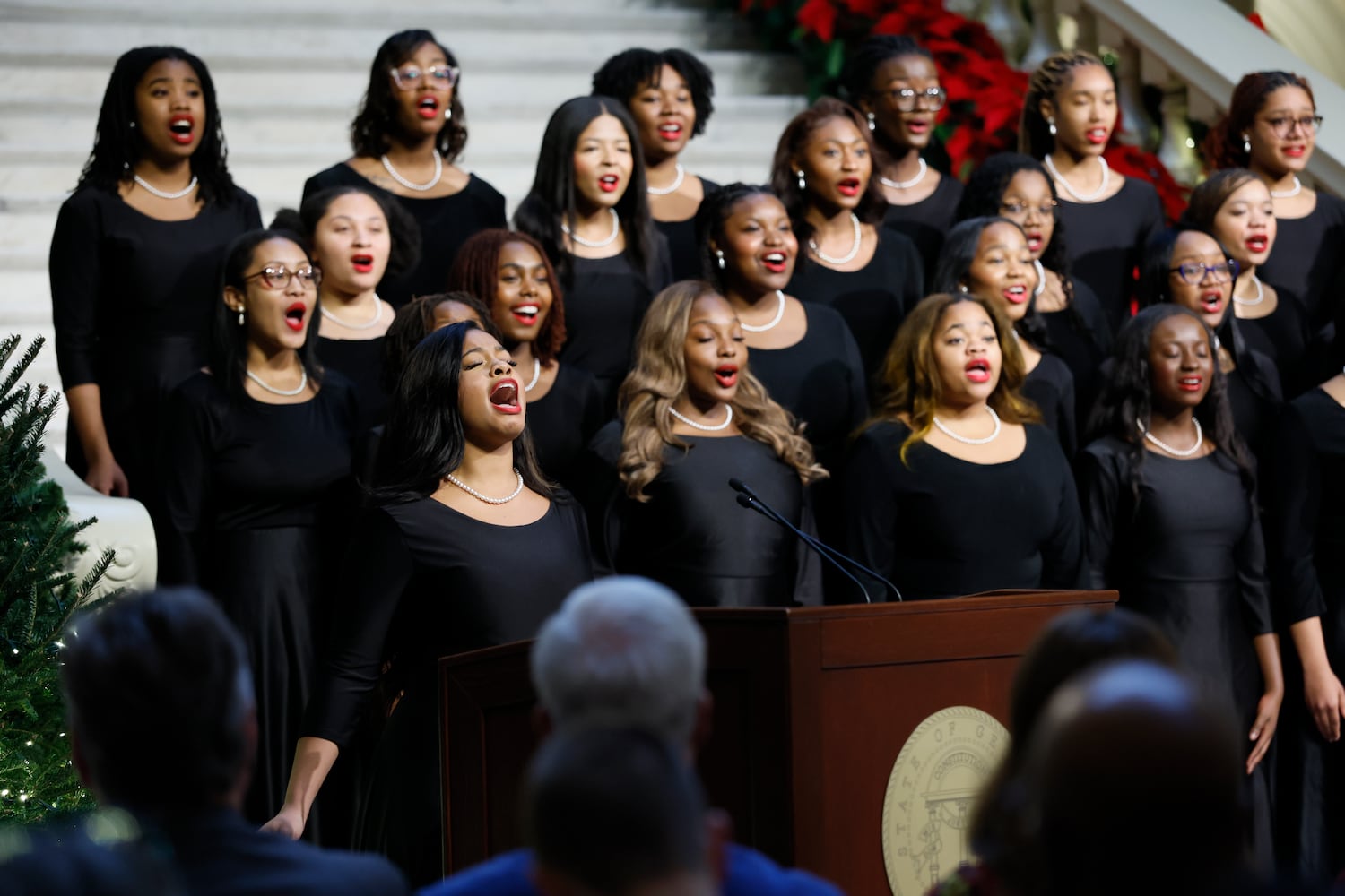 Members of the Spelman Glee Club perform at the Christmas Tree Lighting ceremony at the Georgia State Capitol on Monday, Dec. 8, 2025.
(Miguel Martinez/AJC)