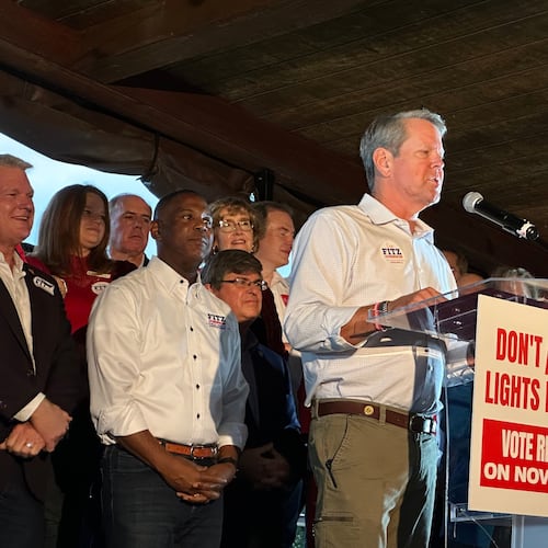 Georgia Gov. Brian Kemp speaks in support of fellow Republicans running for the Georgia Public Service Commission on Tuesday, Oct. 7, 2025 in Cumming, Ga. (AP Photo/Jeff Amy)