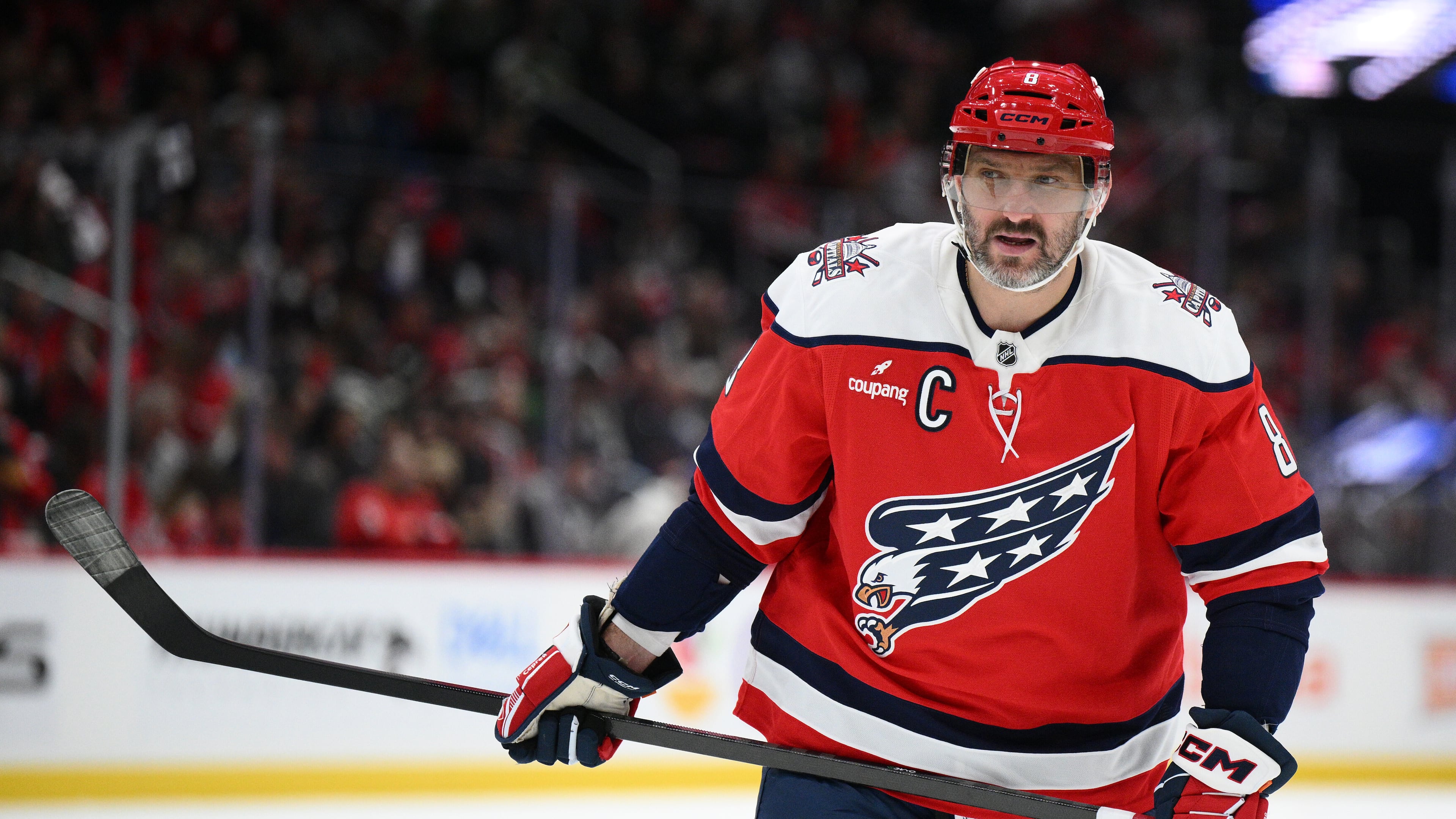 Washington Capitals left wing Alex Ovechkin looks on during the first period of an NHL hockey game against the Minnesota Wild, Friday, Oct. 17, 2025, in Washington. (AP Photo/Nick Wass)