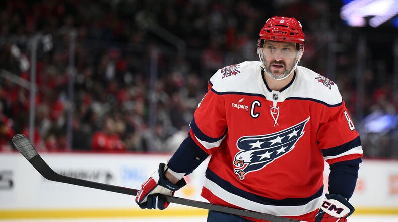 Washington Capitals left wing Alex Ovechkin looks on during the first period of an NHL hockey game against the Minnesota Wild, Friday, Oct. 17, 2025, in Washington. (AP Photo/Nick Wass)