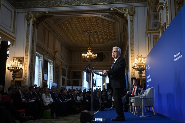 Fatih Birol, Executive Director of the International Energy Agency (IEA) speaks on day one of the International Summit on the Future of Energy Security at Lancaster House in London, Thursday April 24, 2025. (Justin Tallis/Pool via AP)