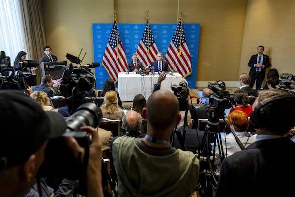 US Trade Representative Jamieson Greer, left, and US Secretary of the Treasury Scott Bessent take part in a press conference after two days of closed-door discussions on trade between the United States and China, in Geneva, Switzerland, Monday, May 12, 2025. (Jean-Christophe Bott/Keystone via AP)