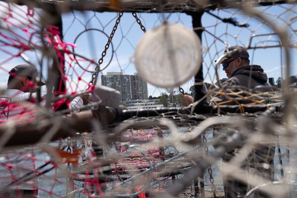 James Sanders, left, and Brand Little, load crab traps onto Little's boat Pale Horse at Pier 45 in San Francisco, Thursday, April 10, 2025. Little is part of a pilot program trying out gear that prevents whale entanglements. (AP Photo/Emily Steinberger)