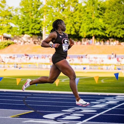 Georgia freshman sprinter Adaejah Hodge — pictured during the SEC Outdoor Track & Field Championships in May — ran the 100 meters in 10.63 seconds Thursday at the NCAA Division I Outdoor Track and Field Championships. Her time broke the college and under-20 record time of 10.75 seconds set by LSU's Sha’Carri Richardson in 2019. (Tony Walsh/UGAAA)