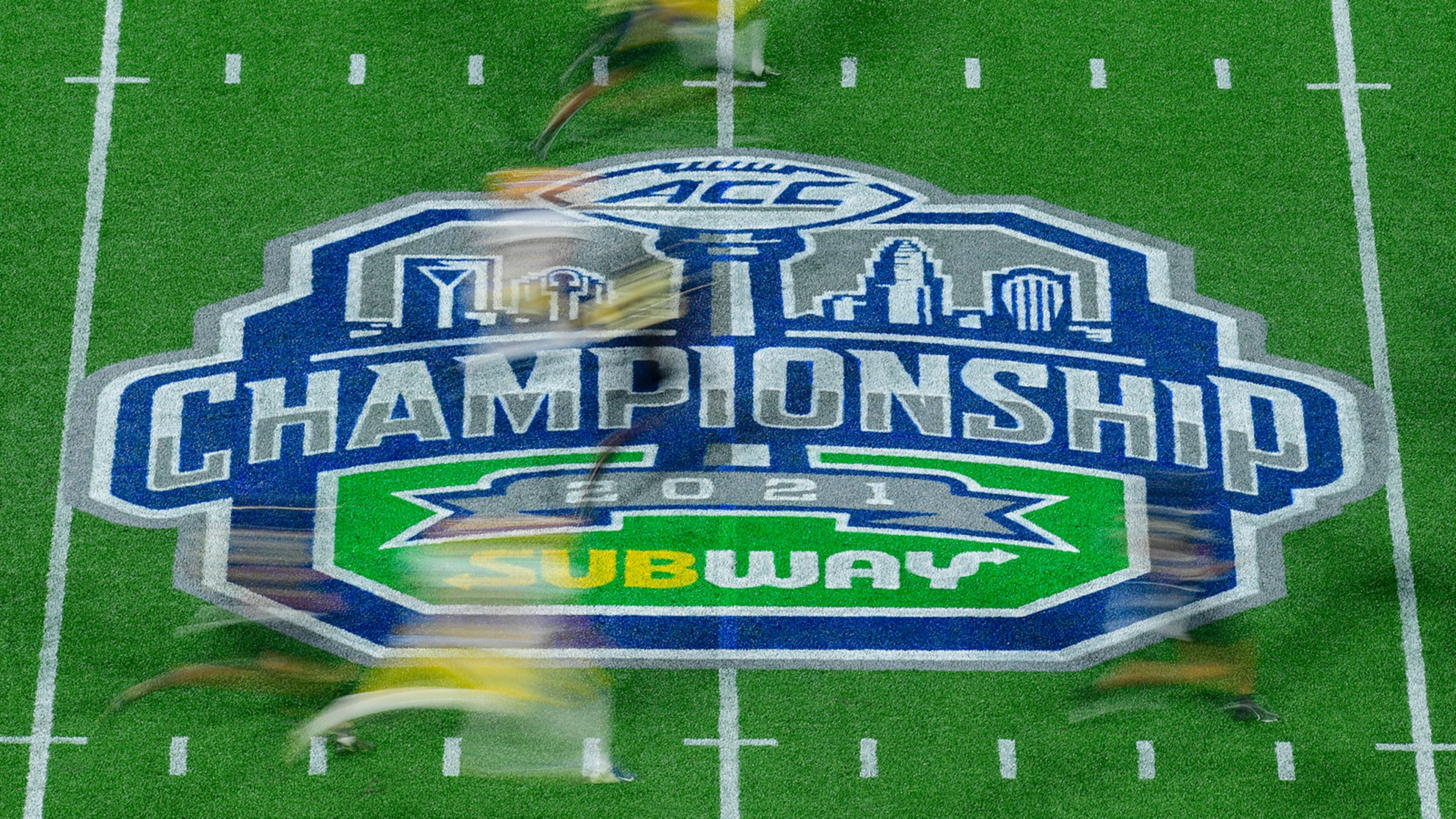 A general view of first quarter game action on the midfield logo during the ACC Championship game between the Pittsburgh Panthers and the Wake Forest Demon Deacons at Bank of America Stadium on Dec. 4, 2021, in Charlotte, North Carolina. (Logan Whitton/Getty Images/TNS)
