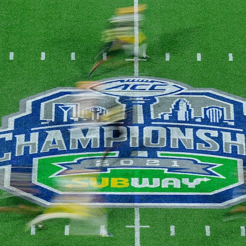 A general view of first quarter game action on the midfield logo during the ACC Championship game between the Pittsburgh Panthers and the Wake Forest Demon Deacons at Bank of America Stadium on Dec. 4, 2021, in Charlotte, North Carolina. (Logan Whitton/Getty Images/TNS)