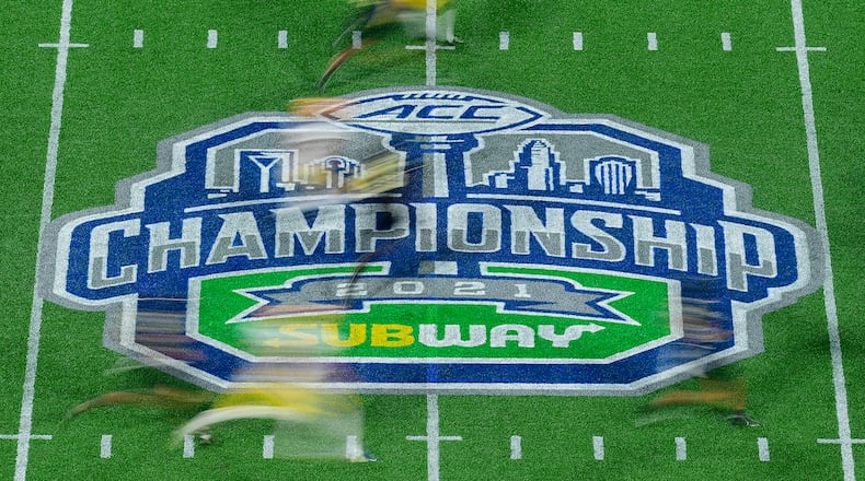 A general view of first quarter game action on the midfield logo during the ACC Championship game between the Pittsburgh Panthers and the Wake Forest Demon Deacons at Bank of America Stadium on Dec. 4, 2021, in Charlotte, North Carolina. (Logan Whitton/Getty Images/TNS)