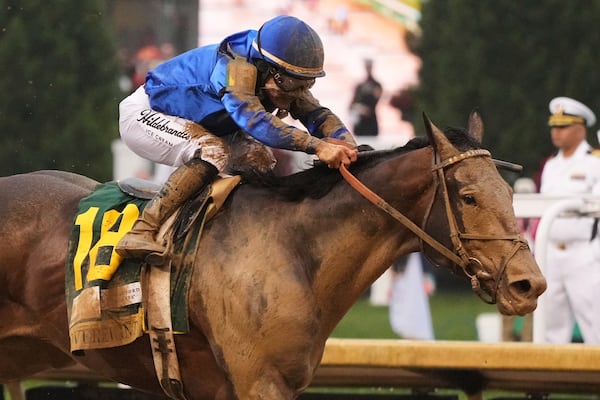 FILE - Sovereignty, ridden by Junior Alvarado, heads to the finish line to win the 151st running of the Kentucky Derby horse race at Churchill Downs Saturday, May 3, 2025, in Louisville, Ky. (AP Photo/Jeff Roberson, File)