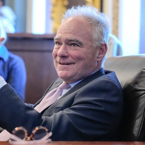 Sen. Tim Kaine, D-Va., speaks to reporters about a war powers resolution regarding Venezuela on Capitol Hill, Wednesday, Jan. 7, 2026, in Washington. (AP Photo/Mariam Zuhaib)