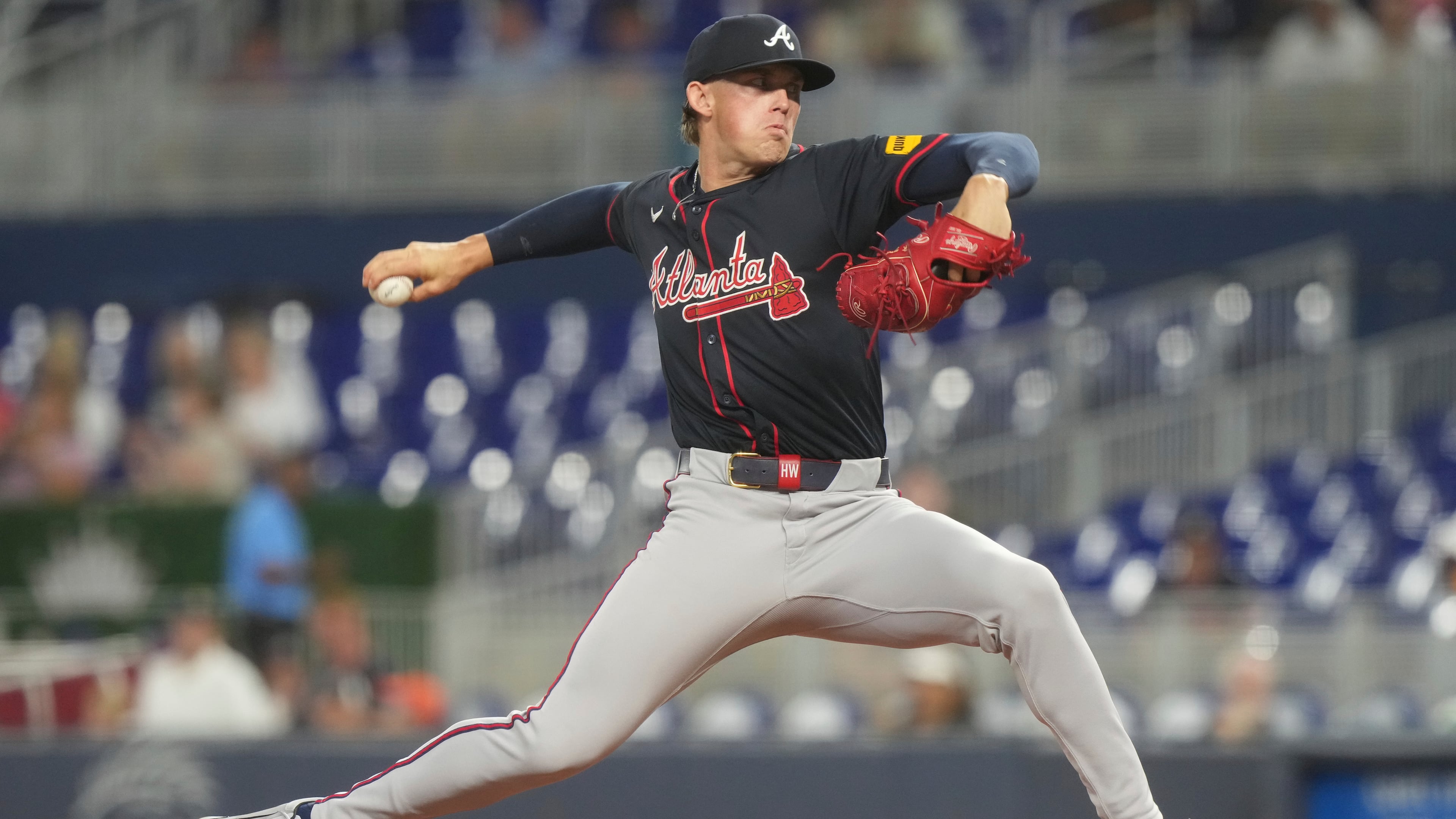 Atlanta Braves starting pitcher Hurston Waldrep aims a pitch during the first inning of a baseball game against the Miami Marlins, Tuesday, Aug. 26, 2025, in Miami. (Marta Lavandier/AP)