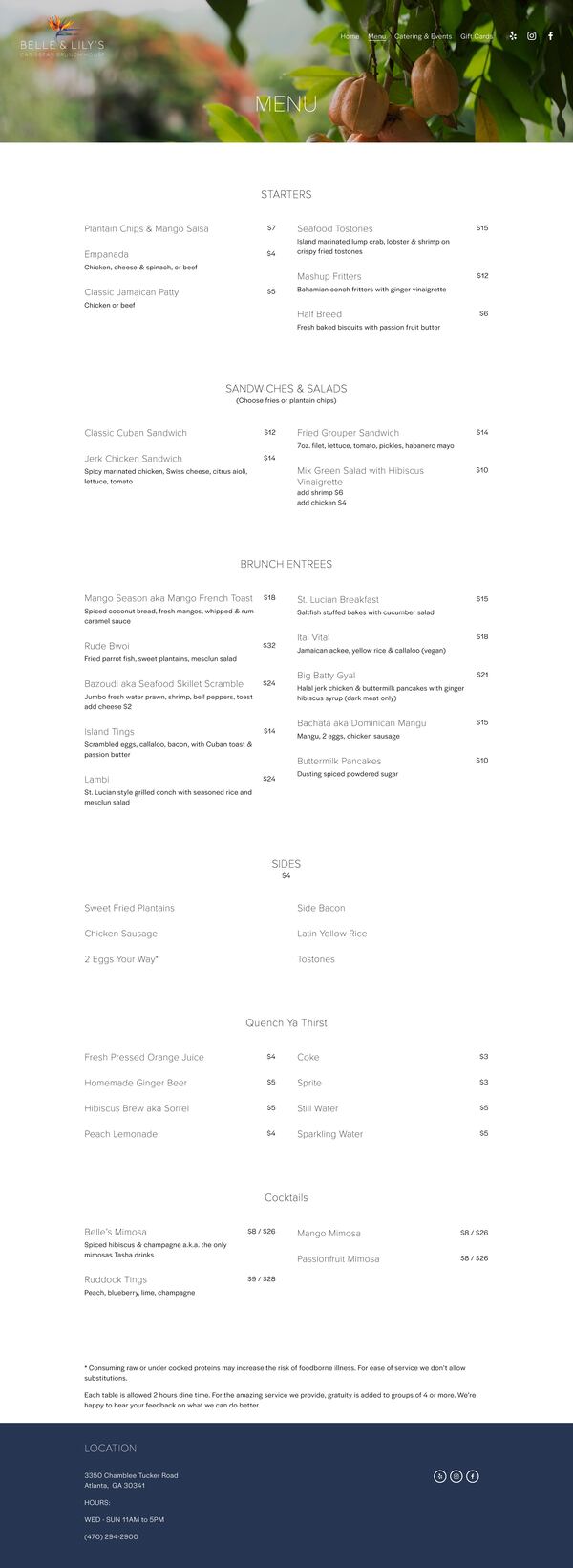 Belle and Lily's menu