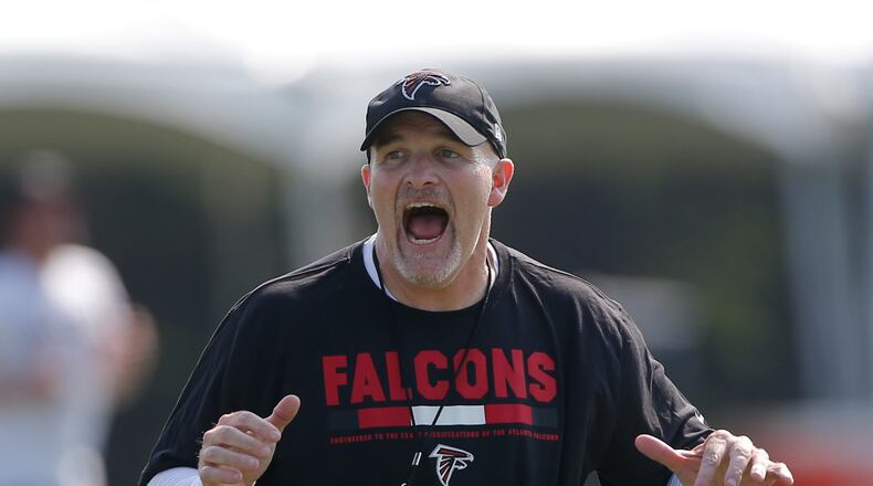 Falcons head coach Dan Quinn works with his players in 2017. John Bazemore / AP