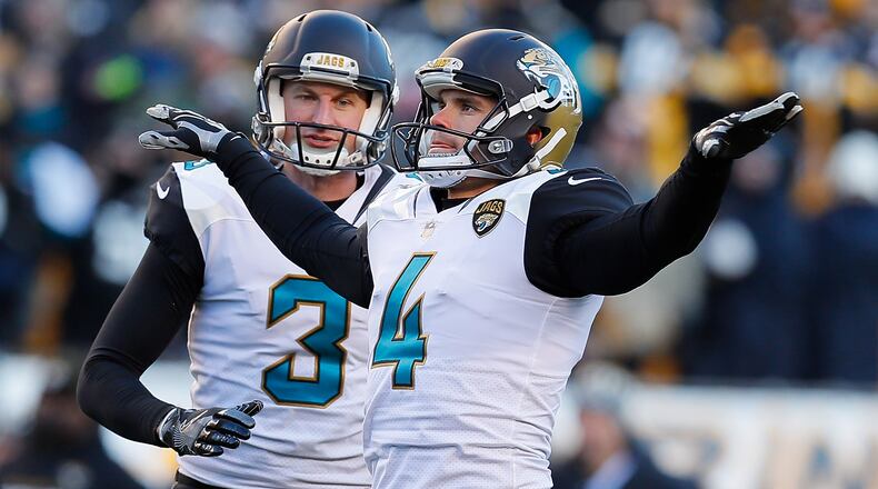 Josh Lambo #4 of the Jacksonville Jaguars celebrates after kicking a field goal against the Pittsburgh Steelers during the second half of the AFC Divisional Playoff game at Heinz Field on January 14, 2018 in Pittsburgh, Pennsylvania. (Photo by Kevin C. Cox/Getty Images)