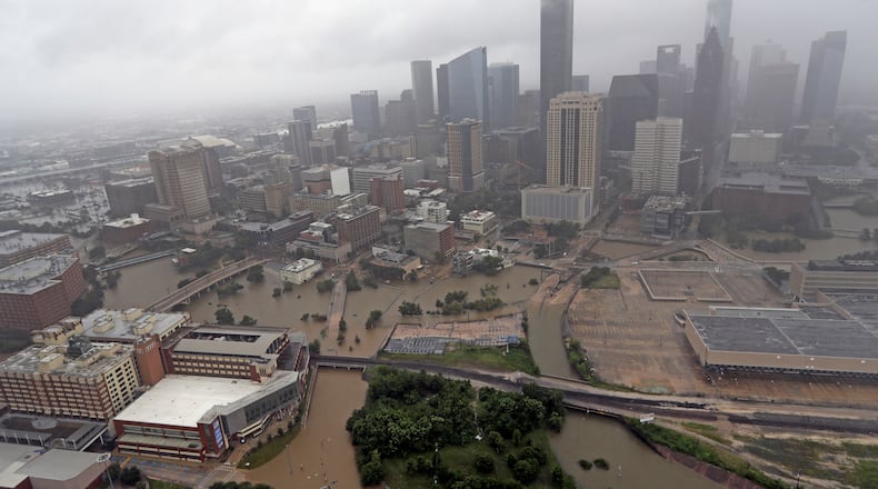 Highways around downtown Houston are empty as floodwaters from Tropical Storm Harvey overflow from the bayous around the city Tuesday in Houston. AP/David J. Phillip