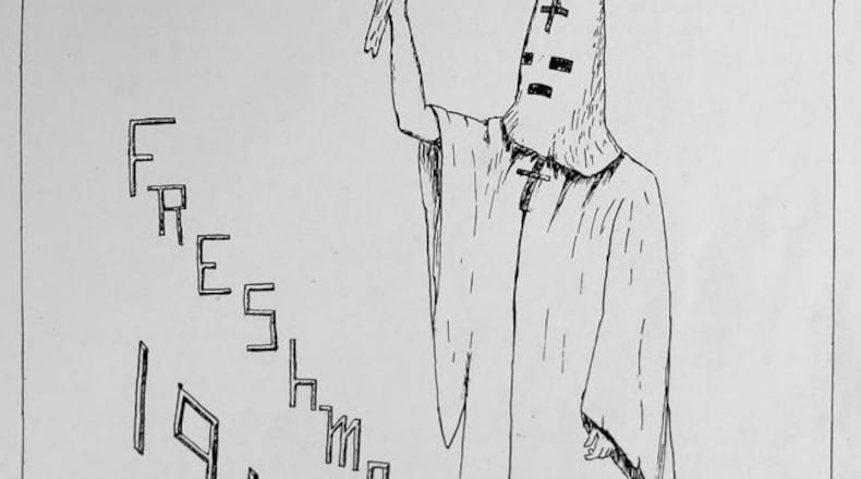 This drawing of a hooded and robed figure is from the 1910 yearbook, one of the first representations of Klan imagery in Wesleyan College's history. BOB ANDRES /BANDRES@AJC.COM