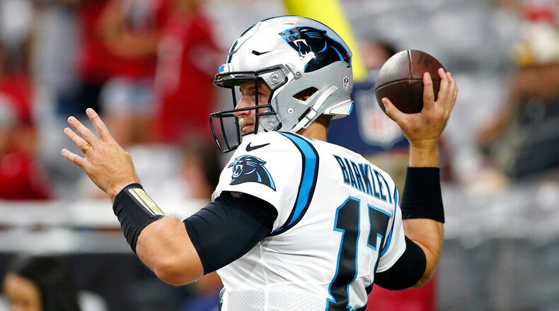 Carolina Panthers quarterback Matt Barkley throws prior to an NFL football game against the Arizona Cardinals, Sunday, Nov. 14, 2021, in Glendale, Ariz. (AP Photo/Ralph Freso)