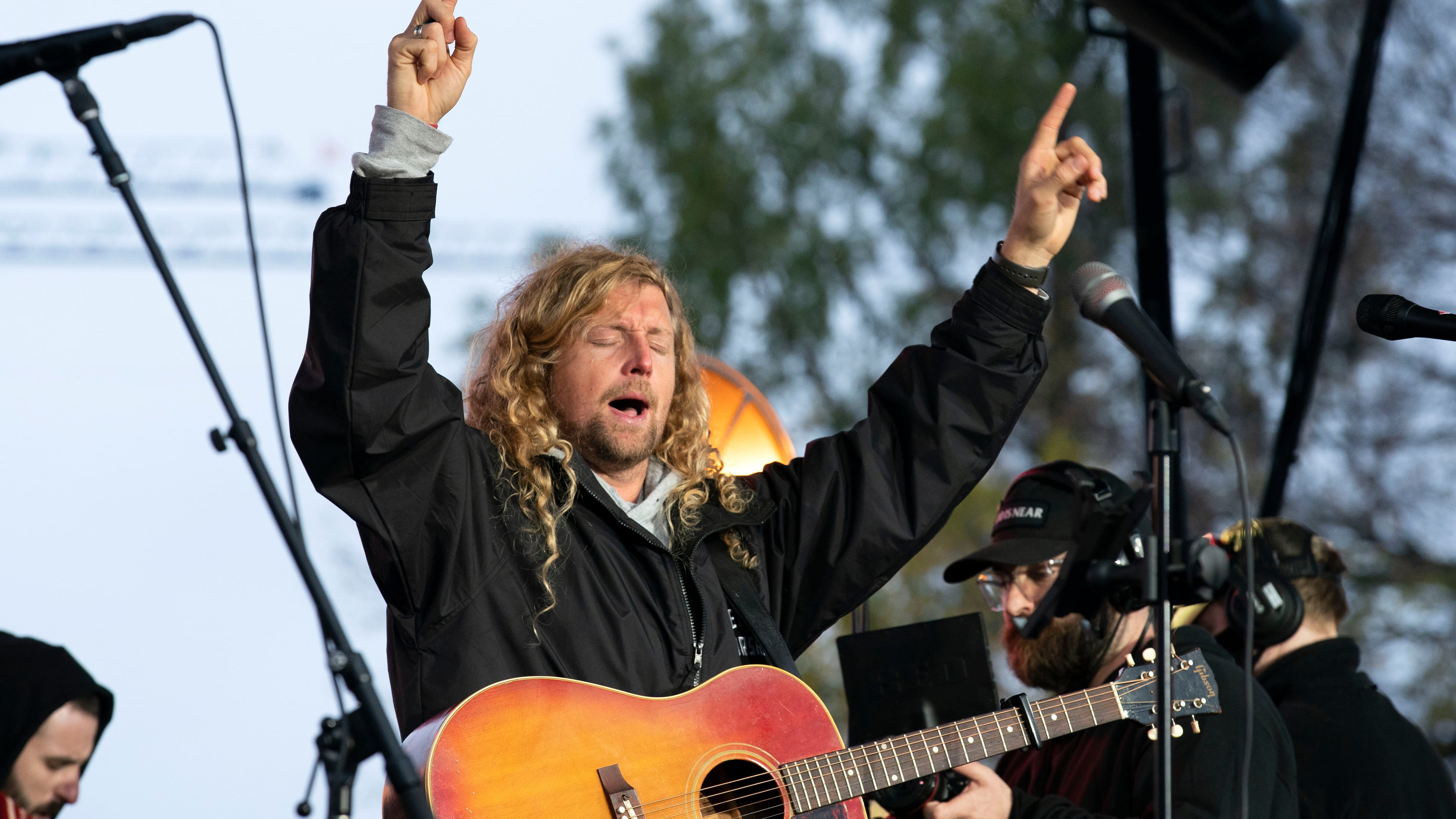 FILE - Christian musician Sean Feucht of California sings to the crowd during a rally at the National Mall in Washington, Sunday, Oct. 25, 2020. (AP Photo/Jose Luis Magana, file)
