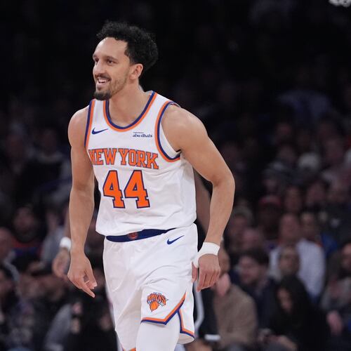 New York Knicks' Landry Shamet smiles after making a three-point shot during the second half of an NBA basketball game against the Brooklyn Nets Wednesday, Jan. 21, 2026, in New York. (AP Photo/Frank Franklin II)