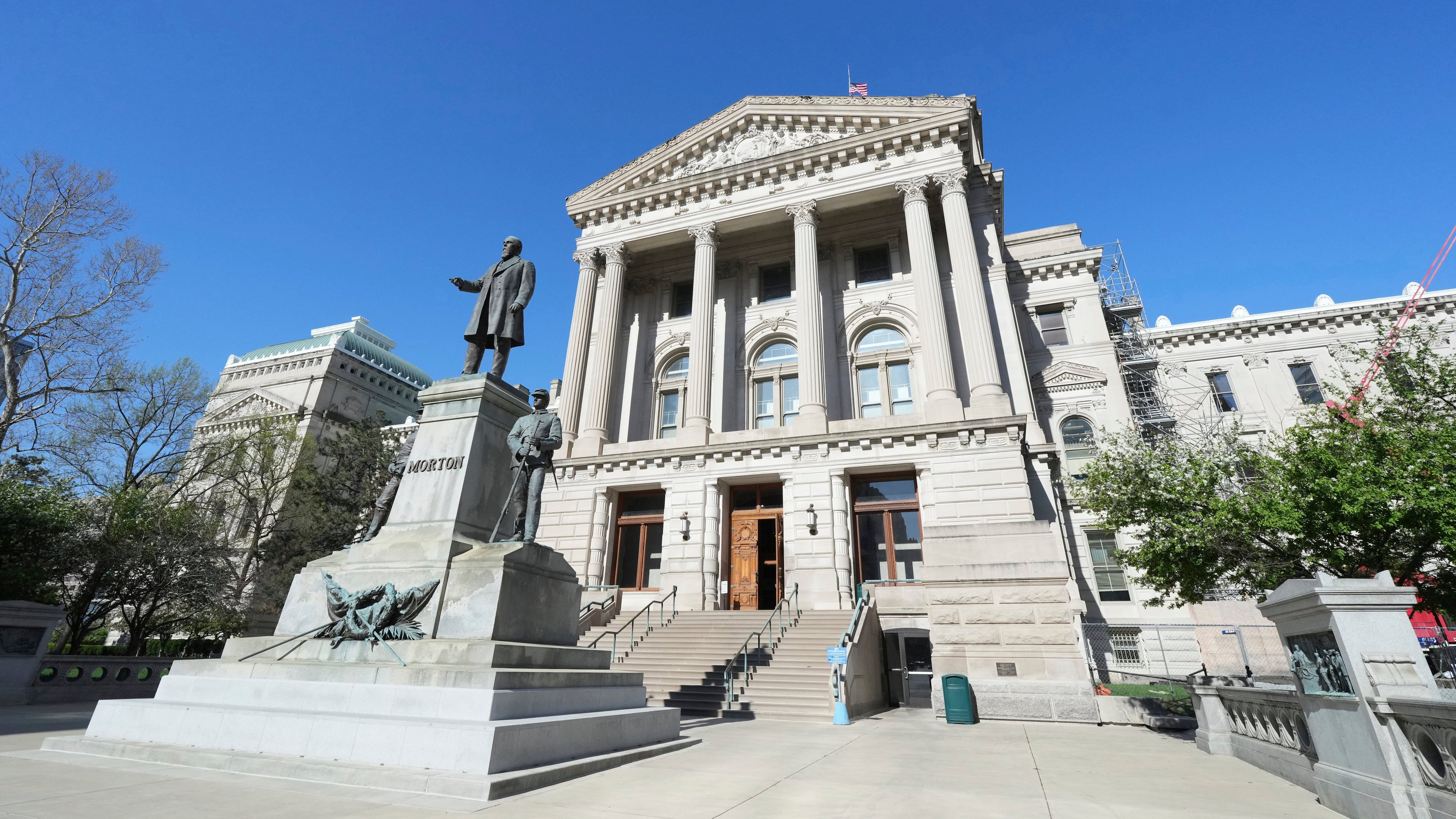 FILE - A general exterior view of the Indiana Statehouse in Indianapolis, April 23, 2025. (AP Photo/AJ Mast, File)