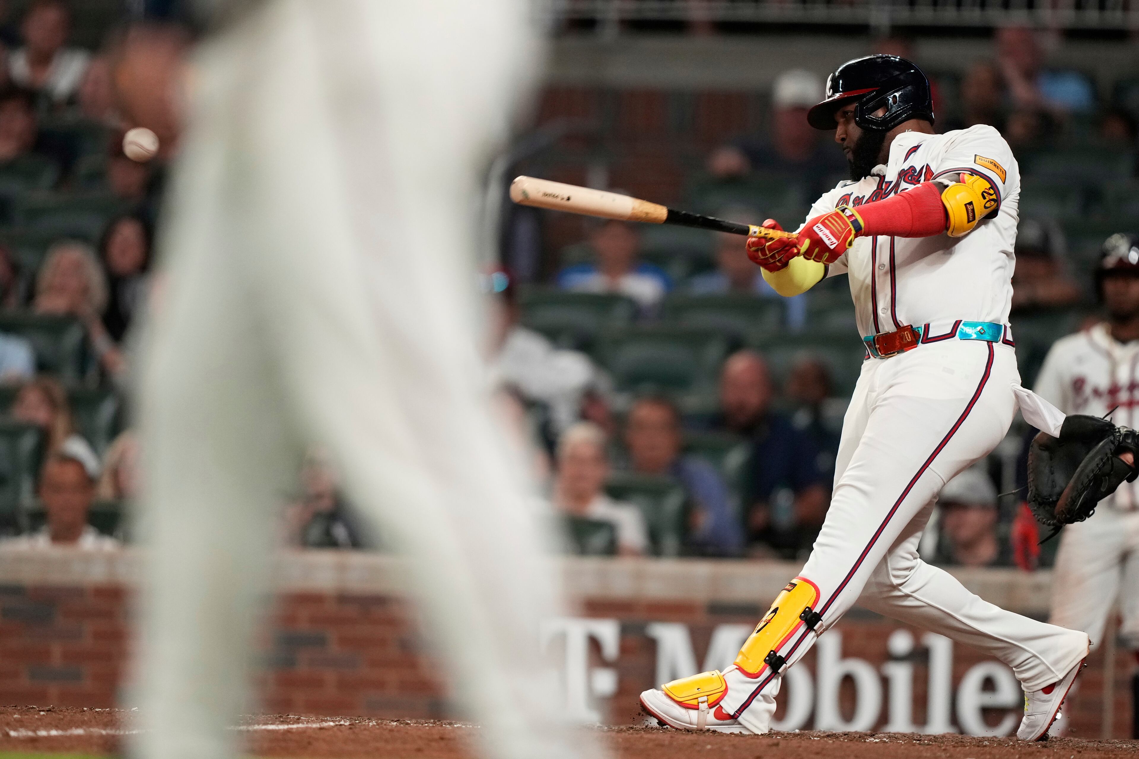 Braves designated hitter Marcell Ozuna hits a double during the eighth inning against the New York Mets on Tuesday, June 17, 2025, in Atlanta. (Brynn Anderson/AP)