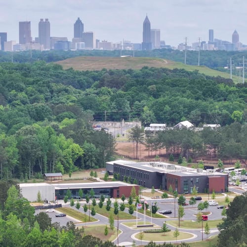 An aerial photo shows the controversial Atlanta Public Safety Training Center, located on the east side of downtown on Thursday, April 30, 2026. A year after the facility officially opened, some local residents who opposed it remain angry about how city officials handled their concerns. (Miguel Martinez/AJC)