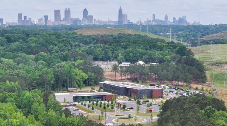 An aerial photo shows the controversial Atlanta Public Safety Training Center, located on the east side of downtown on Thursday, April 30, 2026. A year after the facility officially opened, some local residents who opposed it remain angry about how city officials handled their concerns. (Miguel Martinez/AJC)