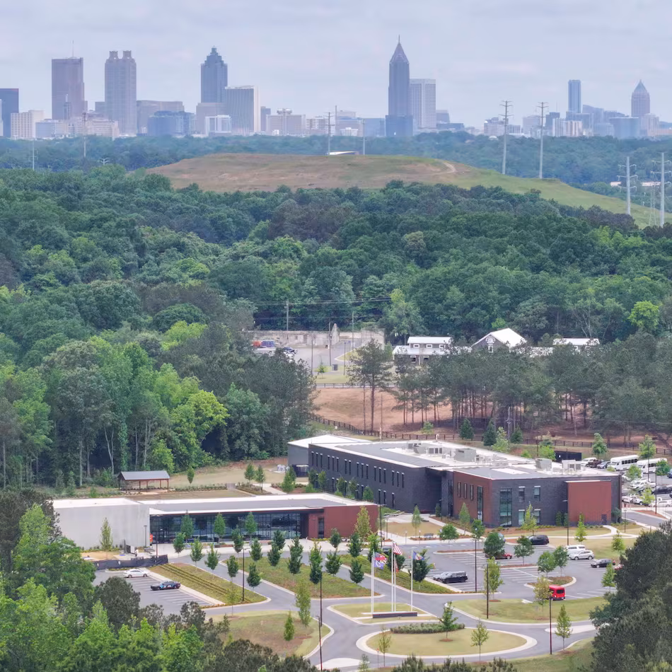 An aerial photo shows the controversial Atlanta Public Safety Training Center, located on the east side of downtown on Thursday, April 30, 2026. A year after the facility officially opened, some local residents who opposed it remain angry about how city officials handled their concerns. (Miguel Martinez/AJC)
