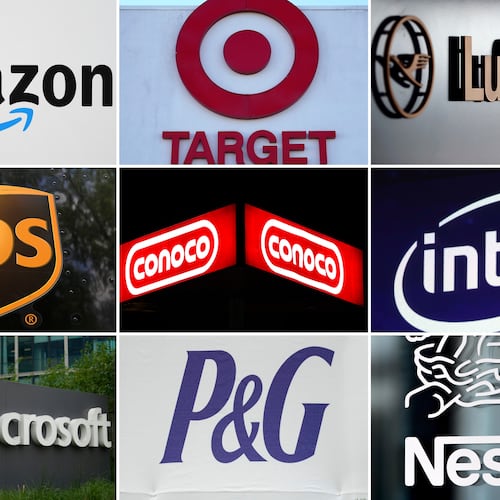 This undated combination of photos shows clockwise from top left the company logos for Amazon, Target, Lufthansa Group, UPS, ConocoPhillips, Intel, Microsoft, Procter & Gamble and Nestle. (AP Photo, file)
