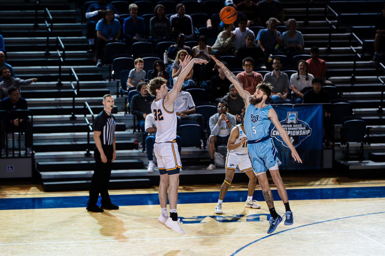 Emory's Ethan Fauss launches a shot in the team's first-round NCAA playoff win over Mississippi University for Women at Emory's Woodruff PE Center Arena on March 6, 2026. Fauss scored the game-winning basket the next night against Roanoke. (Courtesy of Emory University Athletics)