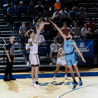Emory's Ethan Fauss launches a shot in the team's first-round NCAA playoff win over Mississippi University for Women at Emory's Woodruff PE Center Arena on March 6, 2026. Fauss scored the game-winning basket the next night against Roanoke. (Courtesy of Emory University Athletics)