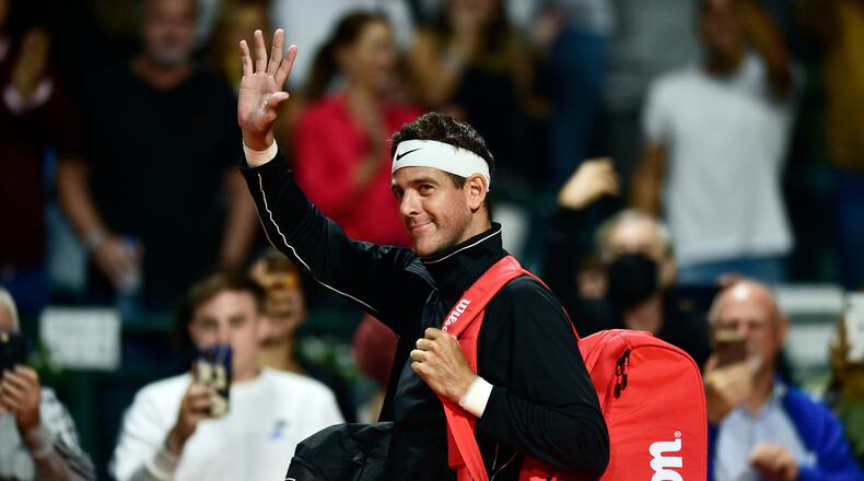 FILE - Juan Martin Del Potro waves before an Argentina Open tennis match against Federico Delbonis at Guillermo Vilas Stadium in Buenos Aires, Argentina, Feb. 8, 2022. (AP Photo/Gustavo Garello, File)