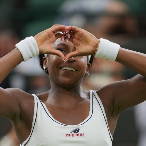 Coco Gauff of the United States reacts after winning against Belinda Bencic of Switzerland in their fourth round women's singles match at the Wimbledon Tennis Championships in London, Sunday, July 5, 2026. (AP Photo/Kin Cheung)