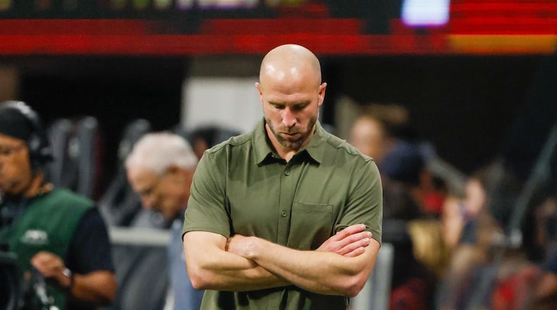 Atlanta United manager Rob Valentino cannot find answers as his team is down 2-1 during the second half of an MLS soccer match against Montreal on Wednesday, October 2, 2024, in Atlanta. (Miguel Martinez/ AJC)