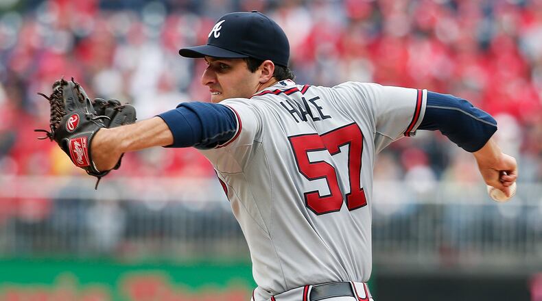 Atlanta Braves starting pitcher David Hale throws during the third inning of a baseball home opener against the Atlanta Braves at Nationals Park, Friday, April 4, 2014, in Washington. (AP Photo/Alex Brandon) Braves rookie David Hale allowed just one run in five innings. (AP photo)