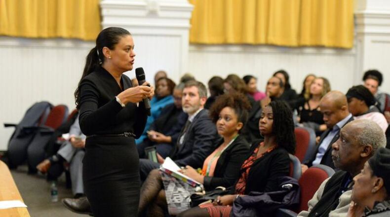 Atlanta school superintendent Meria Carstarphen presents her district transformation plan at a 2016 Carver High School meeting. KENT D. JOHNSON/ kdjohnson@ajc.com
