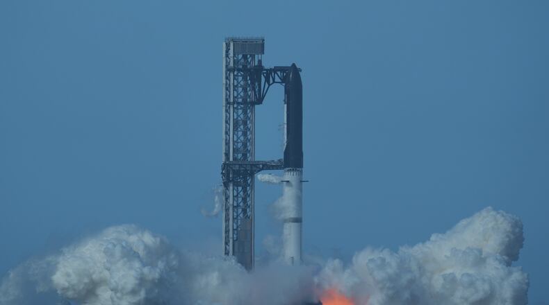 SpaceX's mega rocket Starship begins its take off but is aborted, in Starbase, Texas, Thursday, July 16, 2026. (AP Photo/Eric Gay)