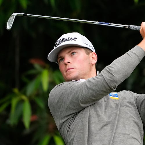 FILE - Michael Brennan watches his tee shot on the sixth hole during the first round of the U.S. Open golf tournament at Los Angeles Country Club, June 15, 2023, in Los Angeles. (AP Photo/Lindsey Wasson, File)