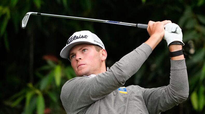 FILE - Michael Brennan watches his tee shot on the sixth hole during the first round of the U.S. Open golf tournament at Los Angeles Country Club, June 15, 2023, in Los Angeles. (AP Photo/Lindsey Wasson, File)