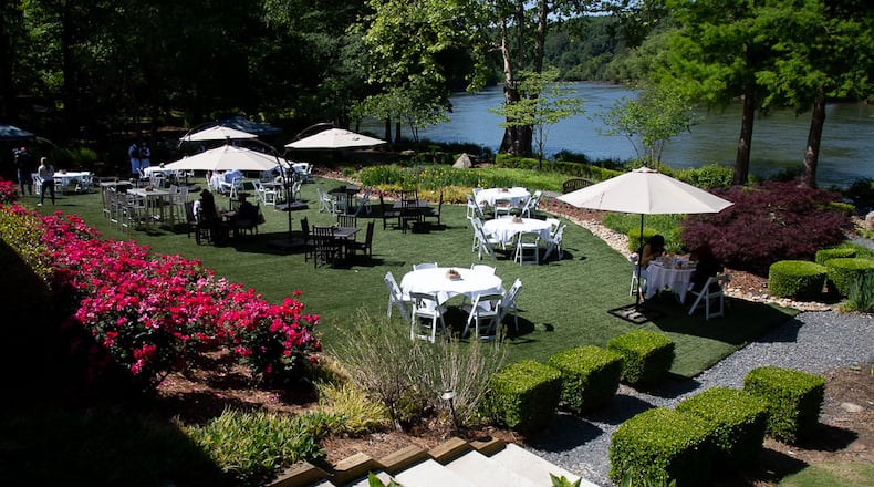Customers enjoy their brunch outside in the newly open seating area at Ray's on the River Sunday Morning May 10, 2020. STEVE SCHAEFER / SPECIAL TO THE AJC