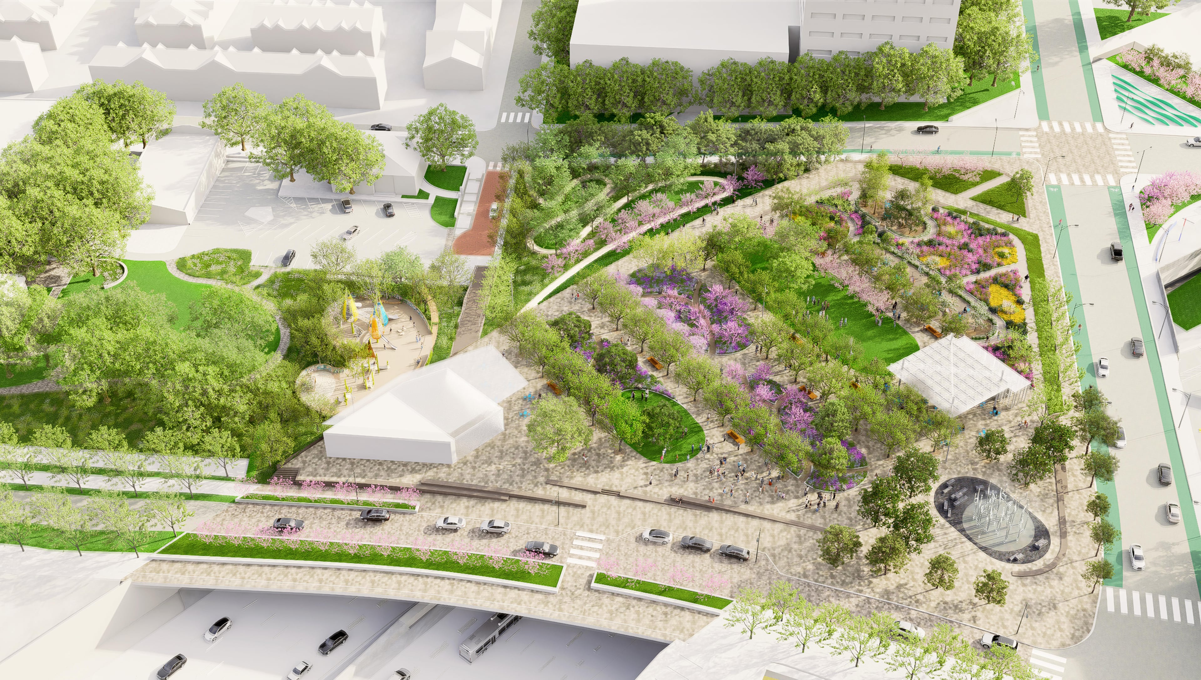 This is an aerial rendering of the first phase of the Stitch in downtown Atlanta. It was unveiled Wednesday, Oct. 22, 2025, during the inaugural Downtown Day. (Courtesy of Atlanta Downtown Improvement District)