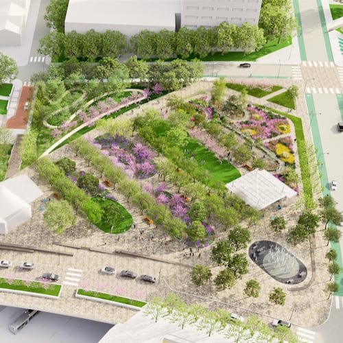 This is an aerial rendering of the first phase of The Stitch in downtown Atlanta. This is a rendering of a planned public space called Fog Forest within the first phase of The Stitch. It was unveiled Wednesday, Oct. 22, 2025, at the inaugural Downtown Day hosted by Central Atlanta Progress and the Atlanta Downtown Improvement District.