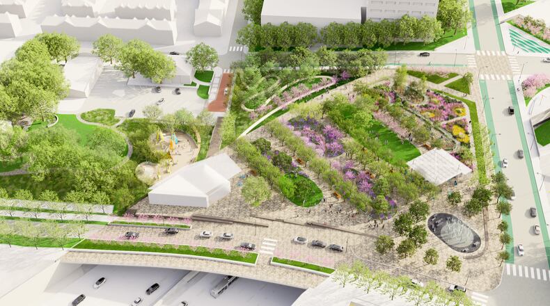 This is an aerial rendering of the first phase of The Stitch in downtown Atlanta. This is a rendering of a planned public space called Fog Forest within the first phase of The Stitch. It was unveiled Wednesday, Oct. 22, 2025 at the inaugural Downtown Day hosted by Central Atlanta Progress and the Atlanta Downtown Improvement District.
