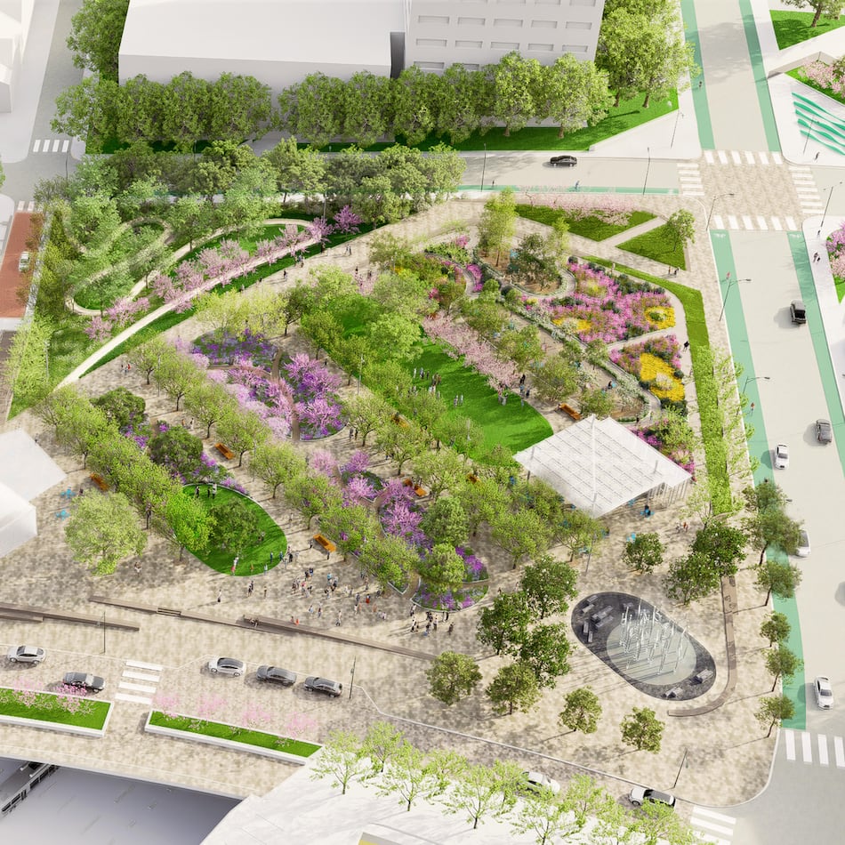 This is an aerial rendering of the first phase of The Stitch in downtown Atlanta. This is a rendering of a planned public space called Fog Forest within the first phase of The Stitch. It was unveiled Wednesday, Oct. 22, 2025 at the inaugural Downtown Day hosted by Central Atlanta Progress and the Atlanta Downtown Improvement District.
