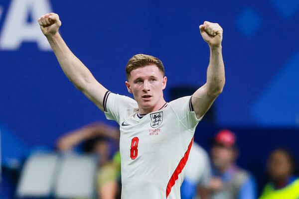England midfielder Elliot Anderson (8) celebrates a 2-1 victory over Congo to advance during a FIFA World Cup round of 32 match at Atlanta Stadium (Mercedes-Benz Stadium) on Wednesday, July 1, 2026, in Atlanta. (Jason Getz/AJC)